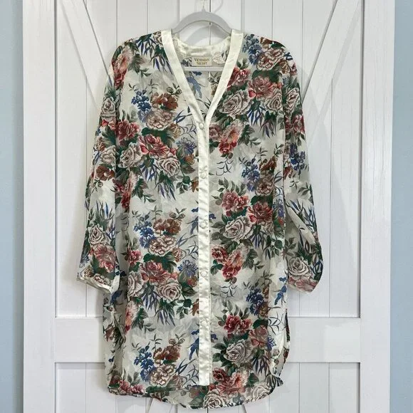 Victoria's Secret Vintage 90s Long Sleeve Dark Floral Opaque Kimono Robe Small - Picture 7 of 7